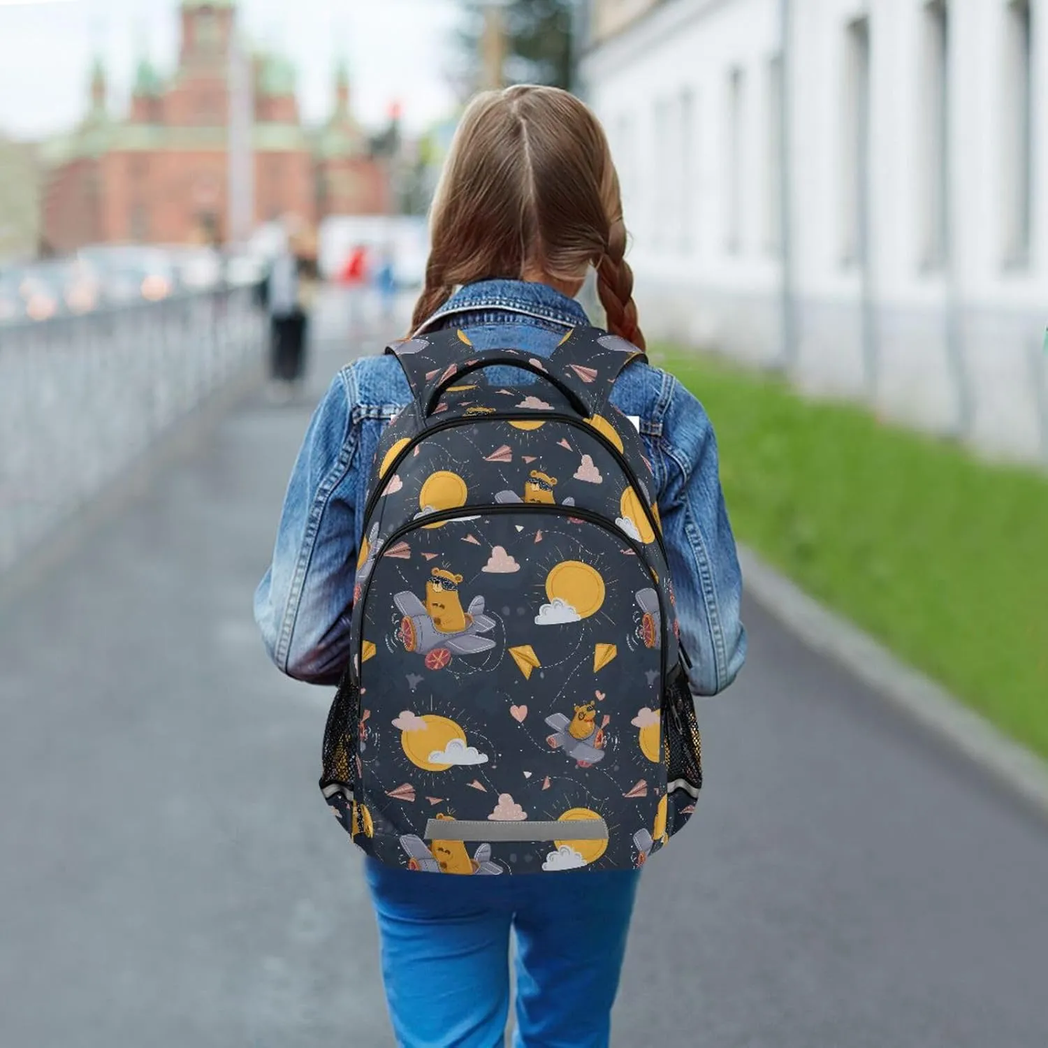 Brown Bear Flying Plane Sun Backpack for Girls Boys School Book Bag Kids Campus Daypack Lightweight Travel Back Pack