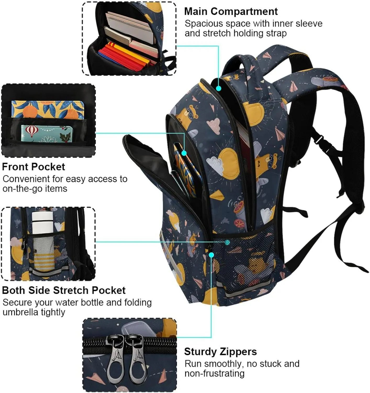 Brown Bear Flying Plane Sun Backpack for Girls Boys School Book Bag Kids Campus Daypack Lightweight Travel Back Pack