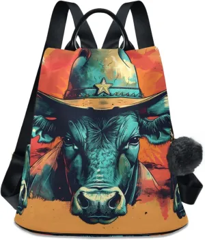 Bulls Cowboy Hat Cactus Backpack for Women Anti Theft Large Fashion Travel Shoulder Bag Purse Rucksack Lightweight