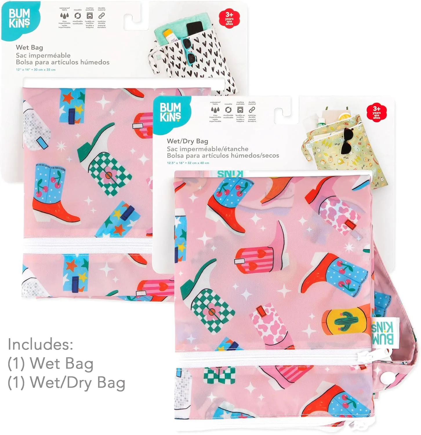 Bumkins Waterproof Wet and Wetdry Bags for Baby, Travel, Swim Suit, Cloth Diaper, Pump Parts, Pool, Beach, Gym Clothes, Toiletry, Hook to Stroller, Daycare, Zip Reusable Packing Pouch, Cowgirl Boots