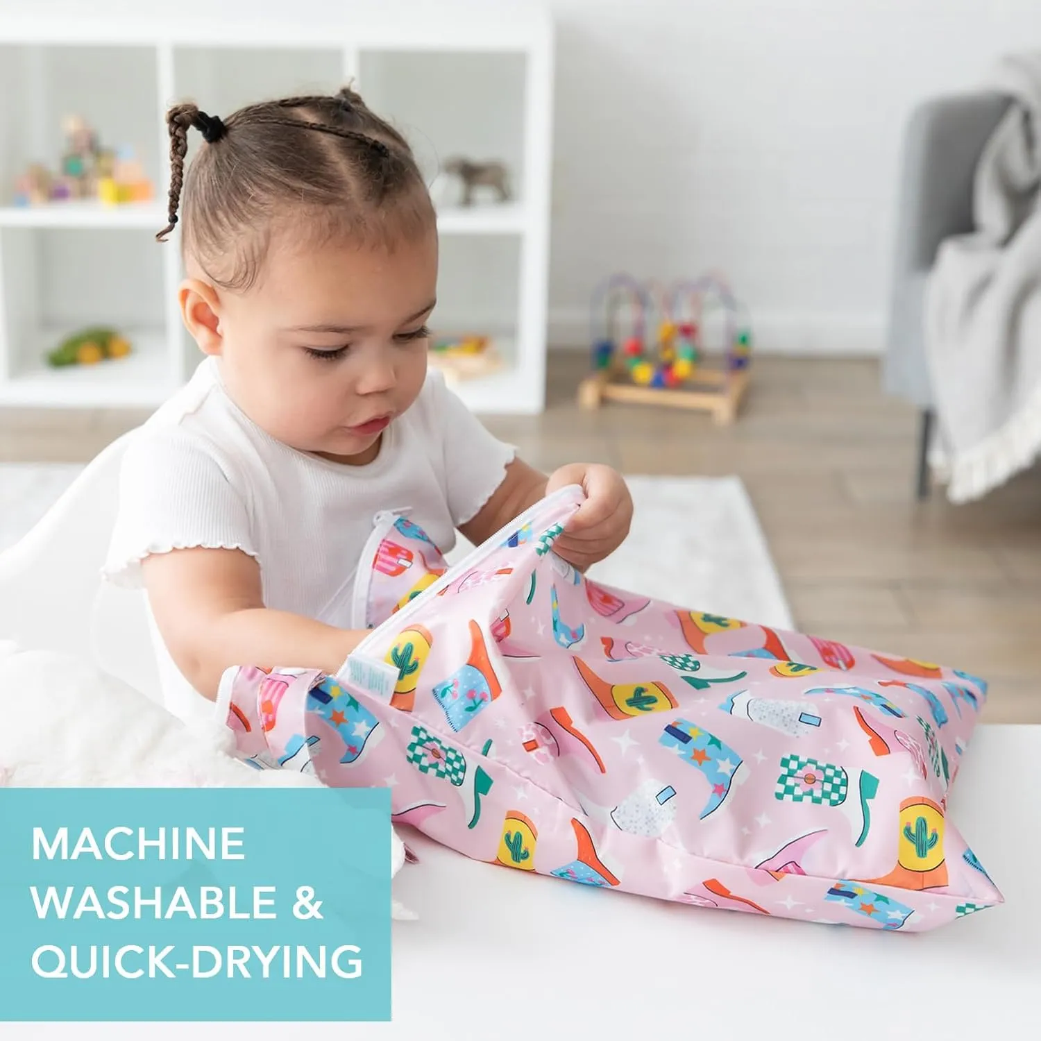 Bumkins Waterproof Wet and Wetdry Bags for Baby, Travel, Swim Suit, Cloth Diaper, Pump Parts, Pool, Beach, Gym Clothes, Toiletry, Hook to Stroller, Daycare, Zip Reusable Packing Pouch, Cowgirl Boots