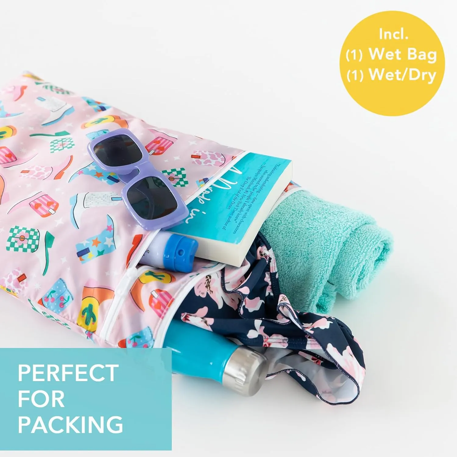 Bumkins Waterproof Wet and Wetdry Bags for Baby, Travel, Swim Suit, Cloth Diaper, Pump Parts, Pool, Beach, Gym Clothes, Toiletry, Hook to Stroller, Daycare, Zip Reusable Packing Pouch, Cowgirl Boots