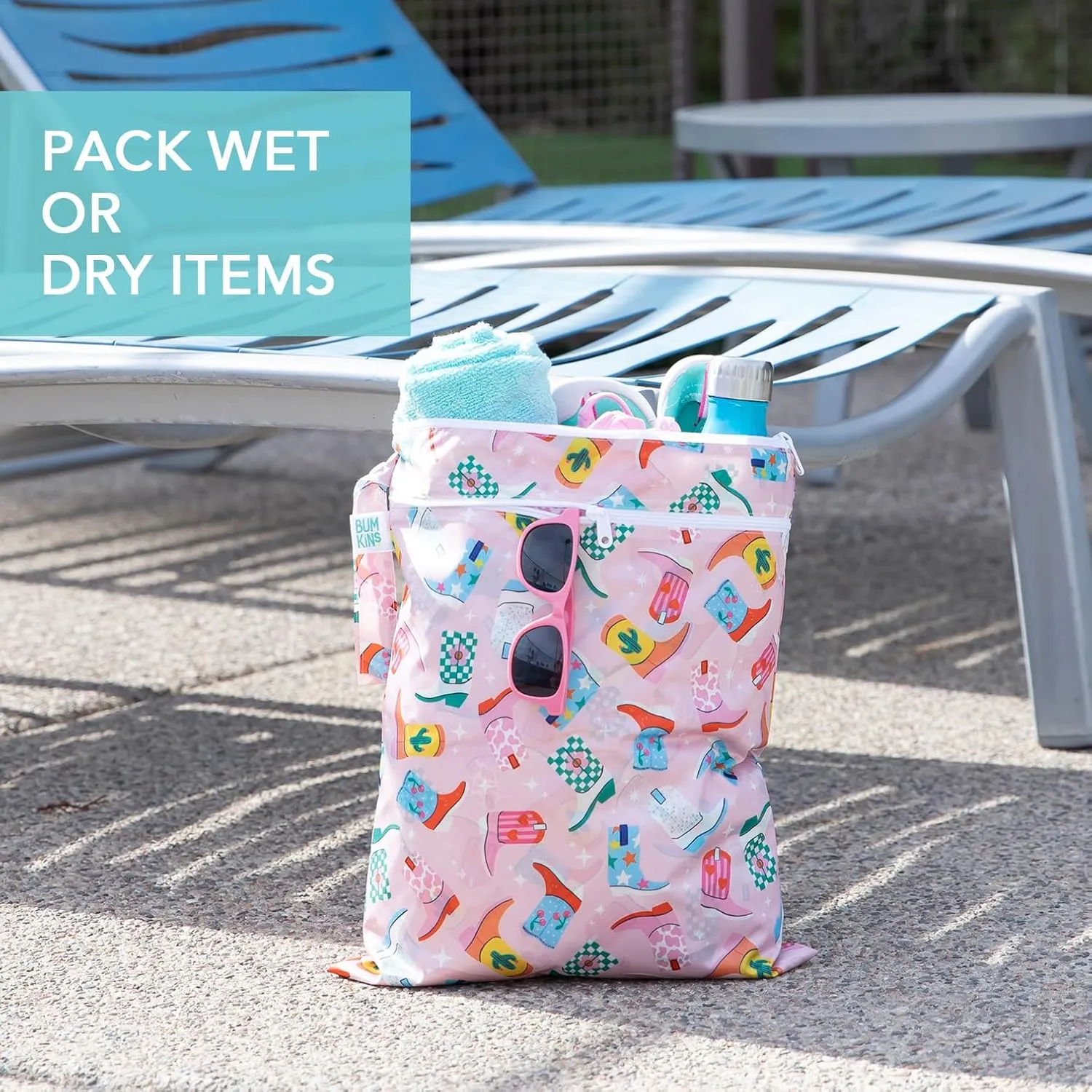Bumkins Waterproof Wet and Wetdry Bags for Baby, Travel, Swim Suit, Cloth Diaper, Pump Parts, Pool, Beach, Gym Clothes, Toiletry, Hook to Stroller, Daycare, Zip Reusable Packing Pouch, Cowgirl Boots