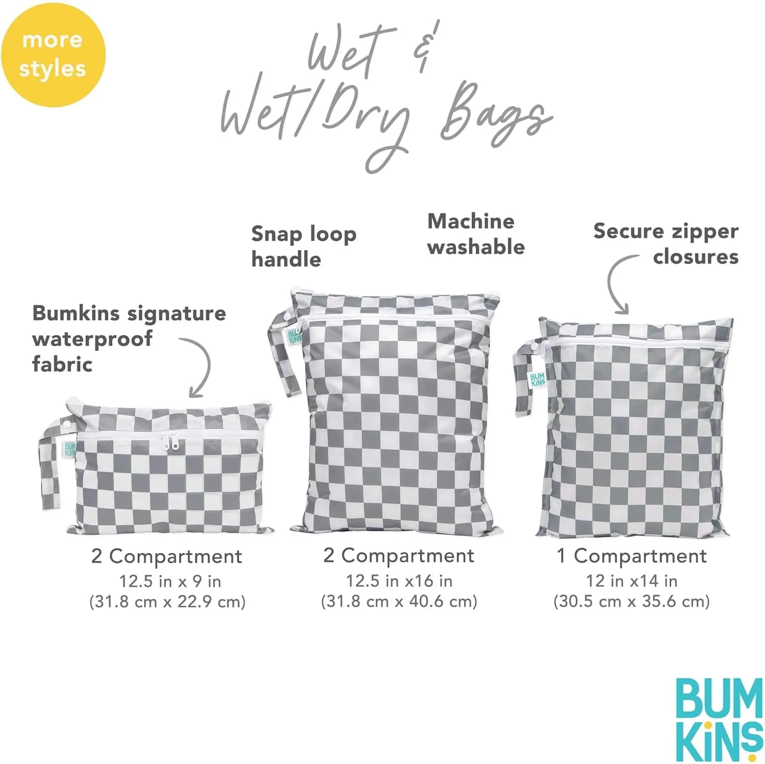 Bumkins Waterproof Wet and Wetdry Bags for Baby, Travel, Swim Suit, Cloth Diaper, Pump Parts, Pool, Beach, Gym Clothes, Toiletry, Hook to Stroller, Daycare, Zipper Reusable Packing Pouch, Beige Check