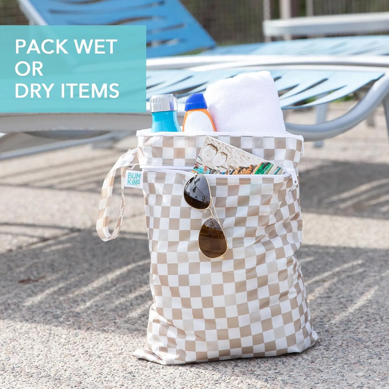 Bumkins Waterproof Wet and Wetdry Bags for Baby, Travel, Swim Suit, Cloth Diaper, Pump Parts, Pool, Beach, Gym Clothes, Toiletry, Hook to Stroller, Daycare, Zipper Reusable Packing Pouch, Beige Check