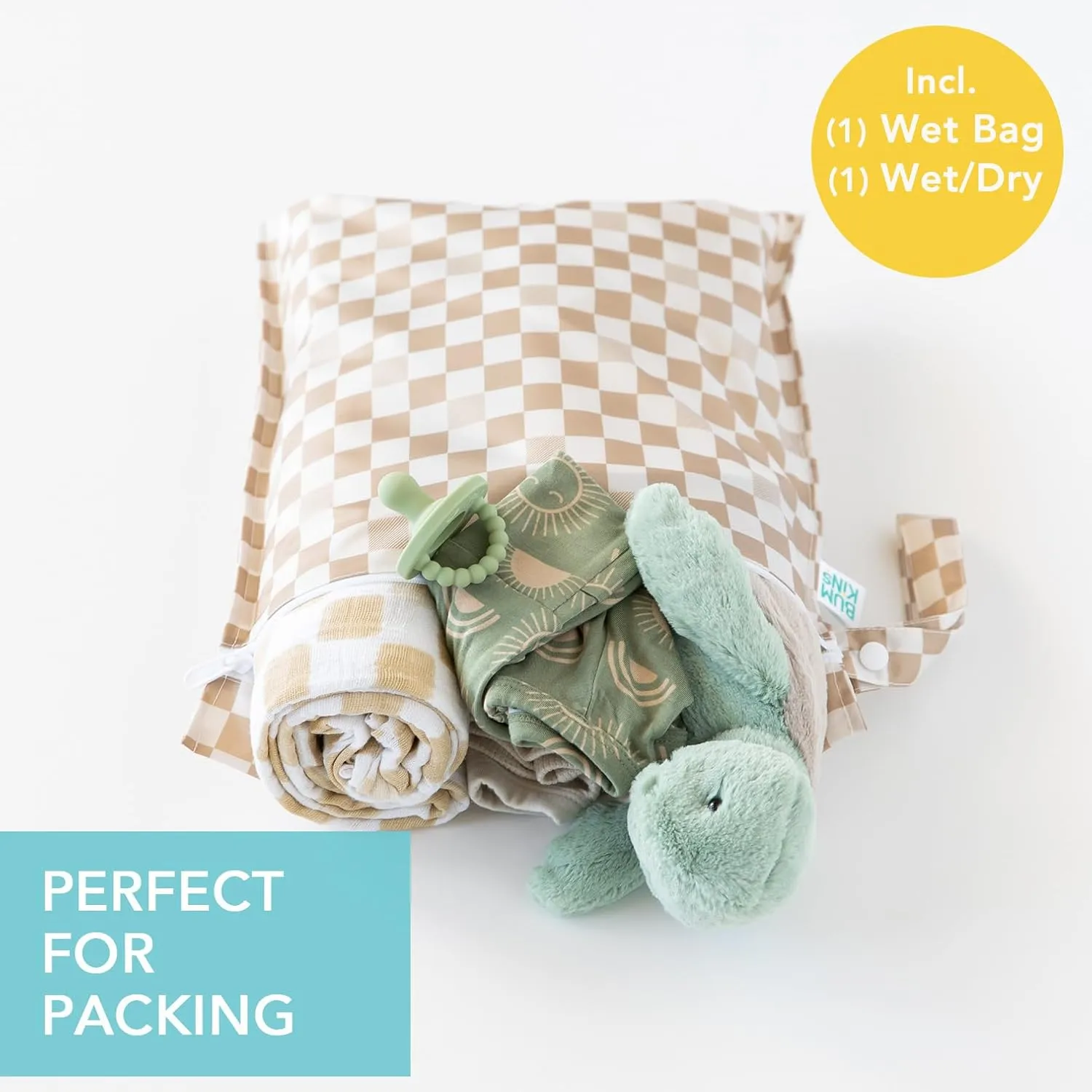 Bumkins Waterproof Wet and Wetdry Bags for Baby, Travel, Swim Suit, Cloth Diaper, Pump Parts, Pool, Beach, Gym Clothes, Toiletry, Hook to Stroller, Daycare, Zipper Reusable Packing Pouch, Beige Check