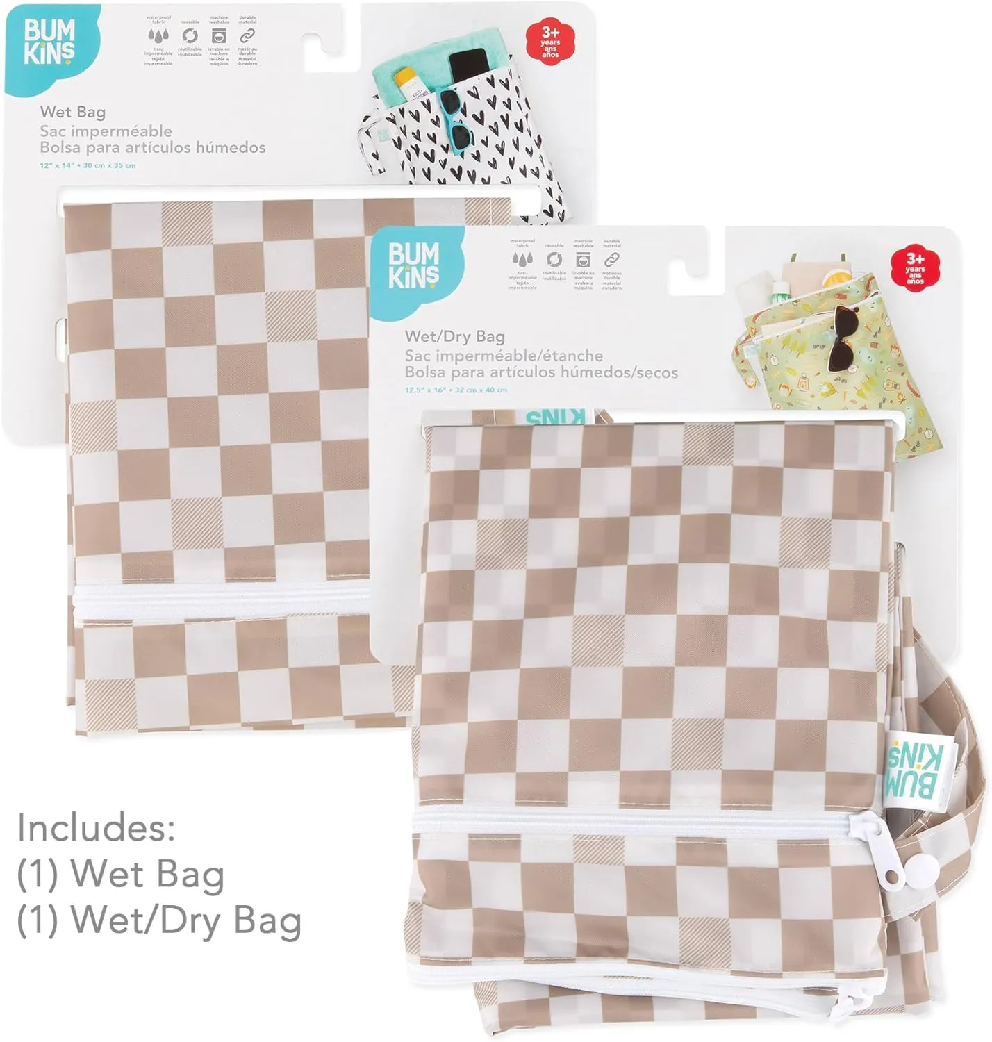 Bumkins Waterproof Wet and Wetdry Bags for Baby, Travel, Swim Suit, Cloth Diaper, Pump Parts, Pool, Beach, Gym Clothes, Toiletry, Hook to Stroller, Daycare, Zipper Reusable Packing Pouch, Beige Check
