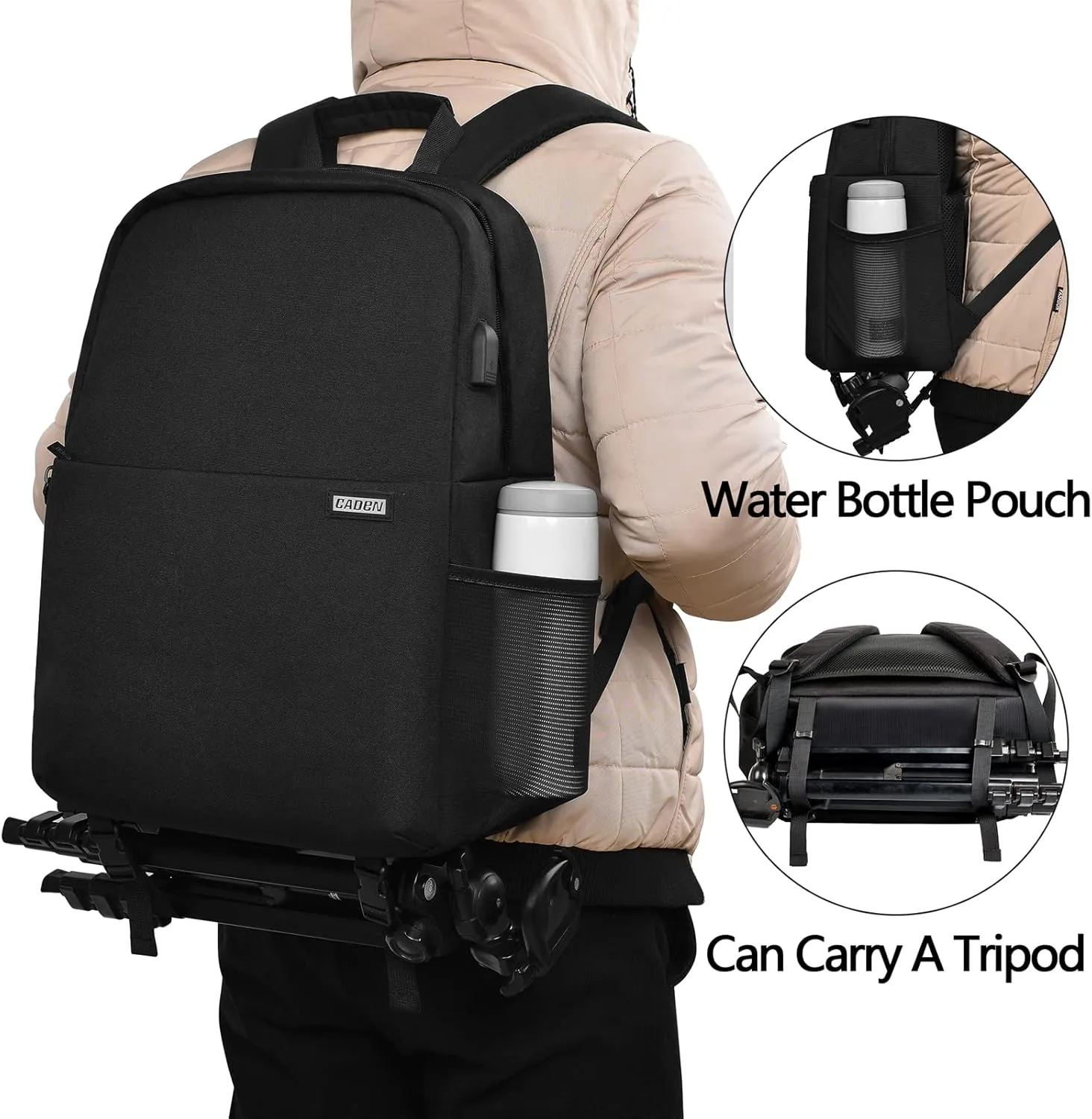 CADeN Camera Backpack Bag with 15.6" Laptop Compartment USB Charging Port, Waterproof Camera Case for DSLR Mirrorless SLR Cameras, Compatible for Sony Canon Nikon Camera and Lens Tripod Accessories