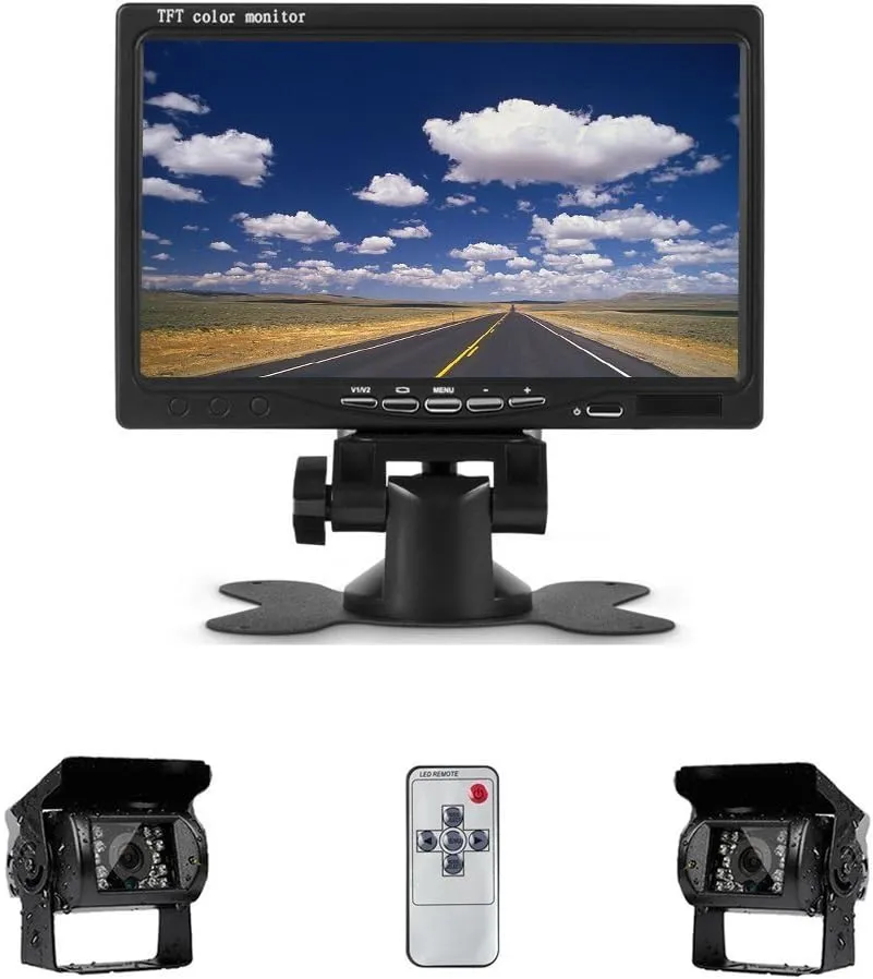 Camecho DC 12V 24V Vehicle Backup Camera System 2 x Rear View Camera Support Night Vision Waterpoof & 7" Monitor with Dual 34ft AV Cables Hardwire for Bus Truck Van Trailer RV Campers