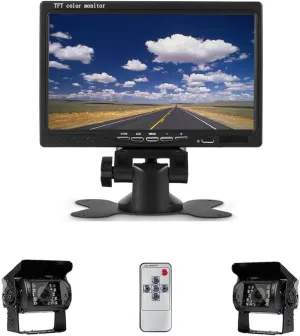 Camecho DC 12V 24V Vehicle Backup Camera System 2 x Rear View Camera Support Night Vision Waterpoof & 7" Monitor with Dual 34ft AV Cables Hardwire for Bus Truck Van Trailer RV Campers
