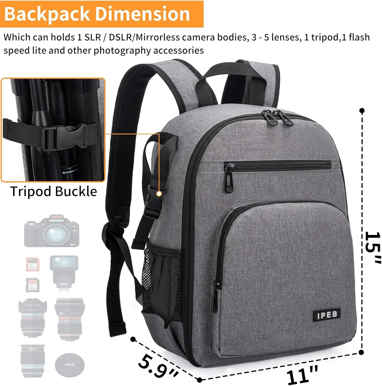 Camera Backpack for DSLR/SLR/Mirrorless Bag Professional Waterproof Camera Case 11"X5.9"X15" for Photographers Grey Orange