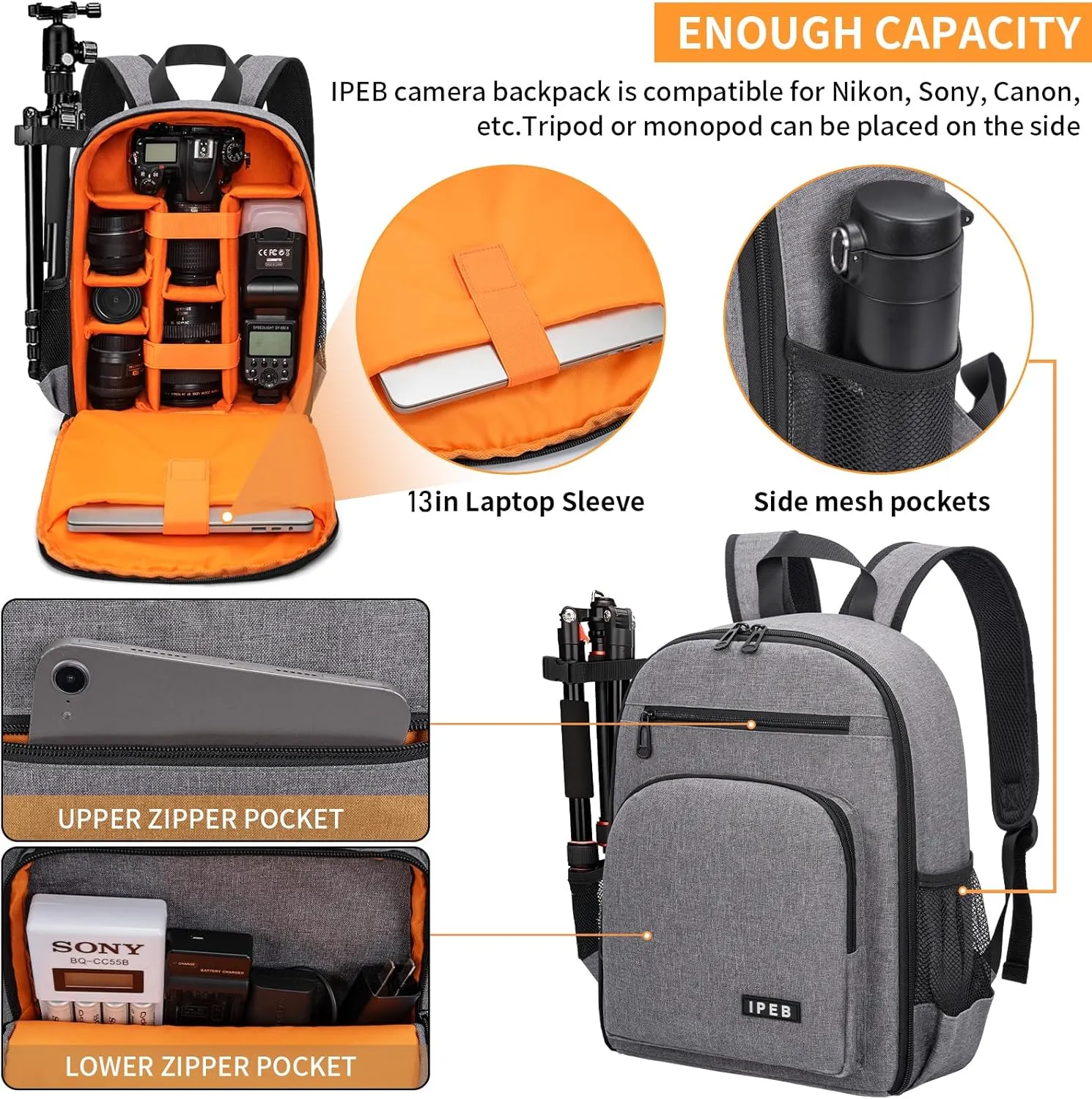 Camera Backpack for DSLR/SLR/Mirrorless Bag Professional Waterproof Camera Case 11"X5.9"X15" for Photographers Grey Orange