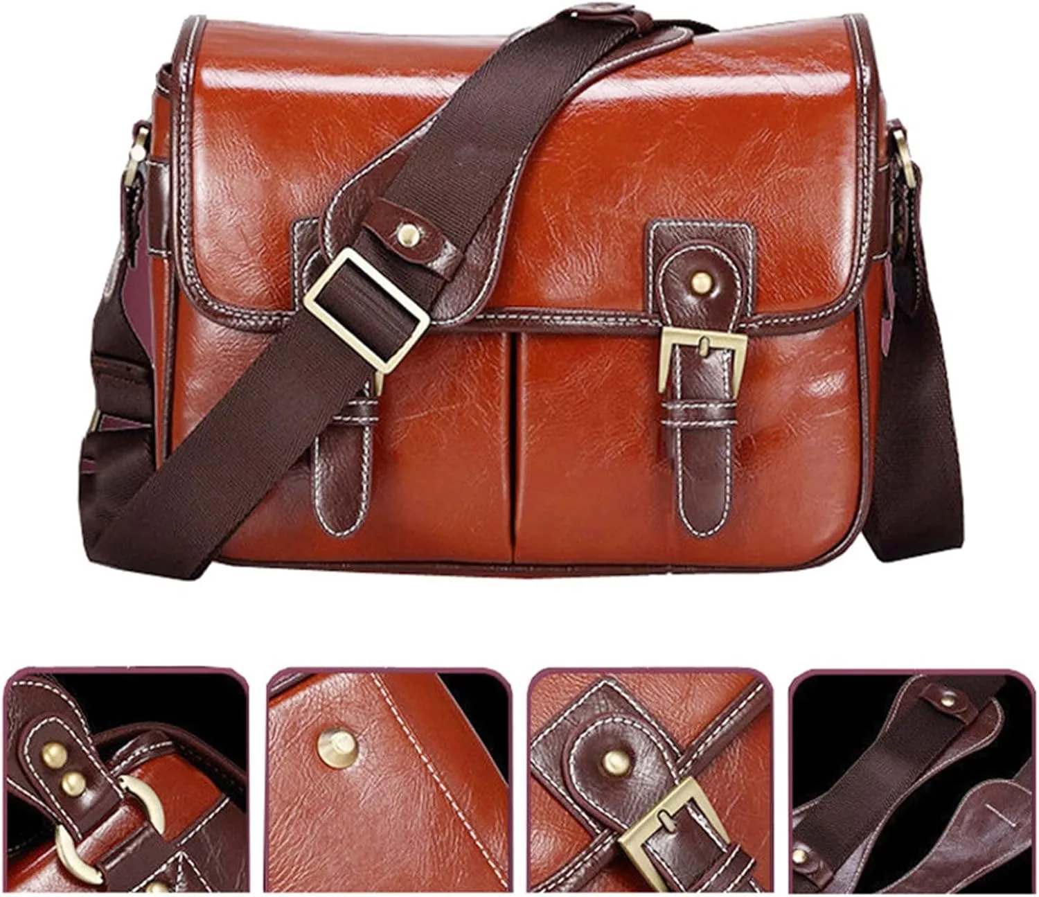 Camera Backpack Photo Camera Fashion Vintage PU Leather Handbag Waterproof Shoulder Messenger SLR Bag(Reddish Brown L)