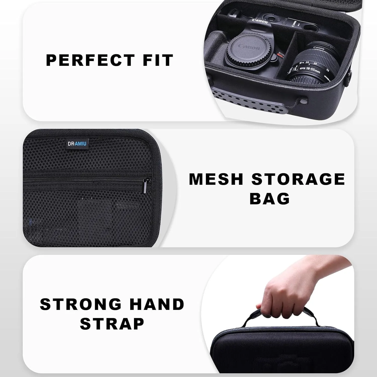 Camera Case Compatible with Canon EOS Rebel T7, R100, R50, R6 Mark II, R8, R5, R7, 90D, 5D Mark IV, Sony, Nikon Cameras, Lens, Tripod, with Shoulder Strap and 4 Dividers, Travel Black Camera Bag