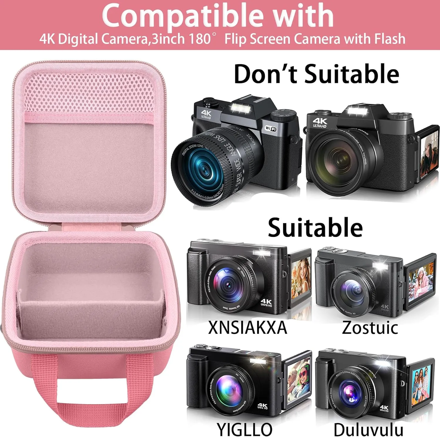 Camera Case Compatible with YIGLLO/Zostuic/Duluvulu/VJIANGER/Gavonde 4K Digital Camera for Photography Auto-Focus Vlogging Camera with 3inch 180° Flip Screen(Pink Case)