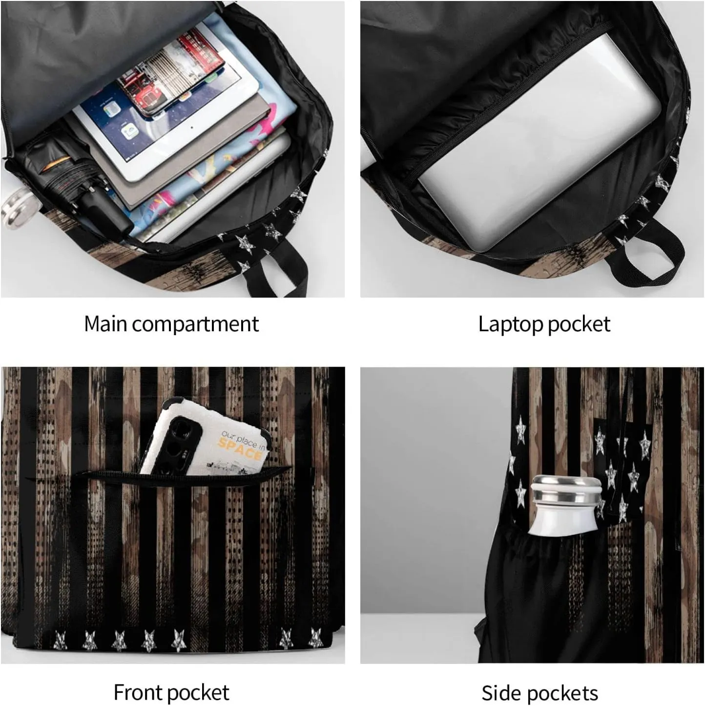 Camo Vintage American Flag Backpack Book Bags Lightweight Casual Laptop Backpacks Travel Daypack For Man Woman