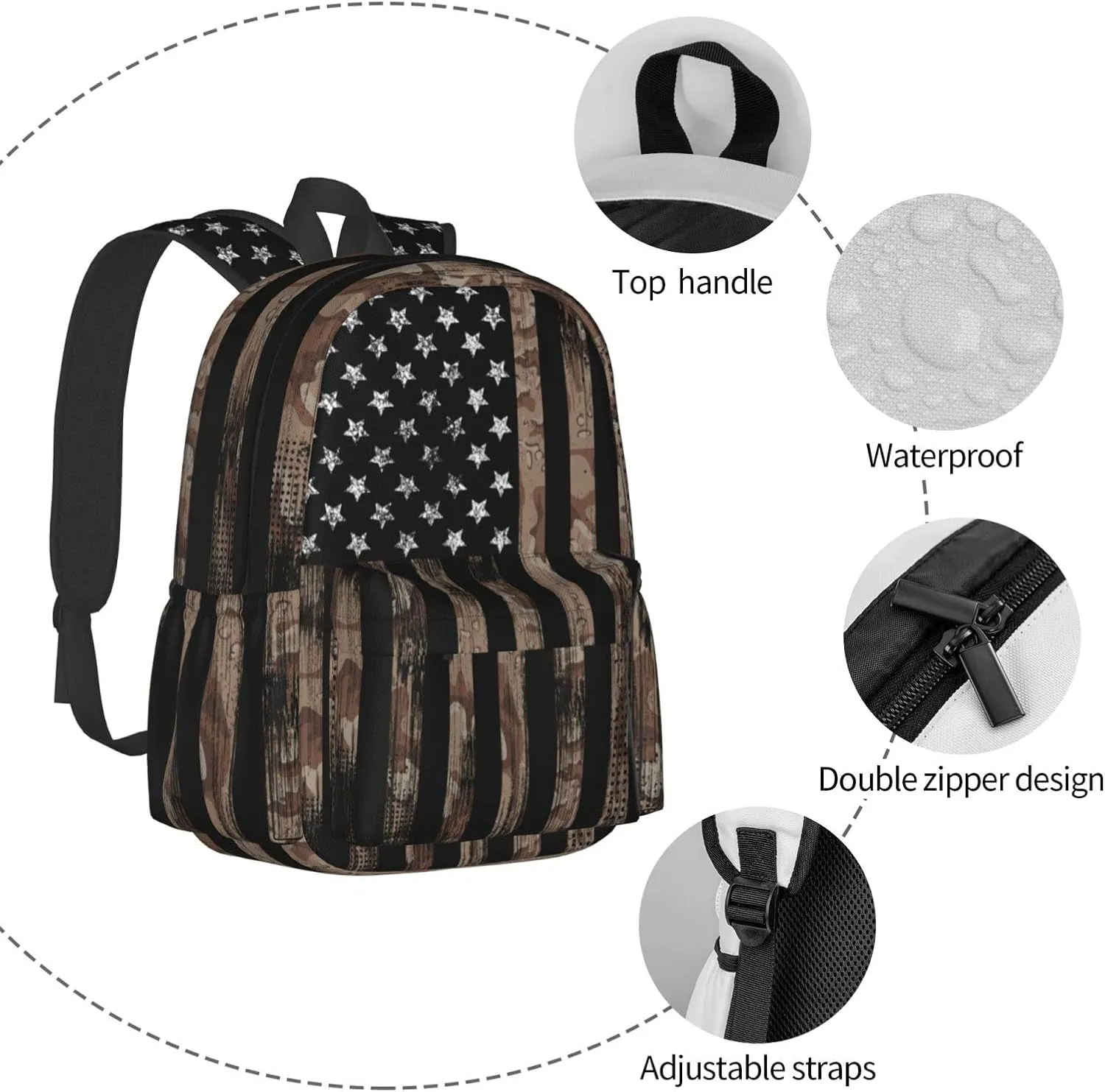 Camo Vintage American Flag Backpack Book Bags Lightweight Casual Laptop Backpacks Travel Daypack For Man Woman