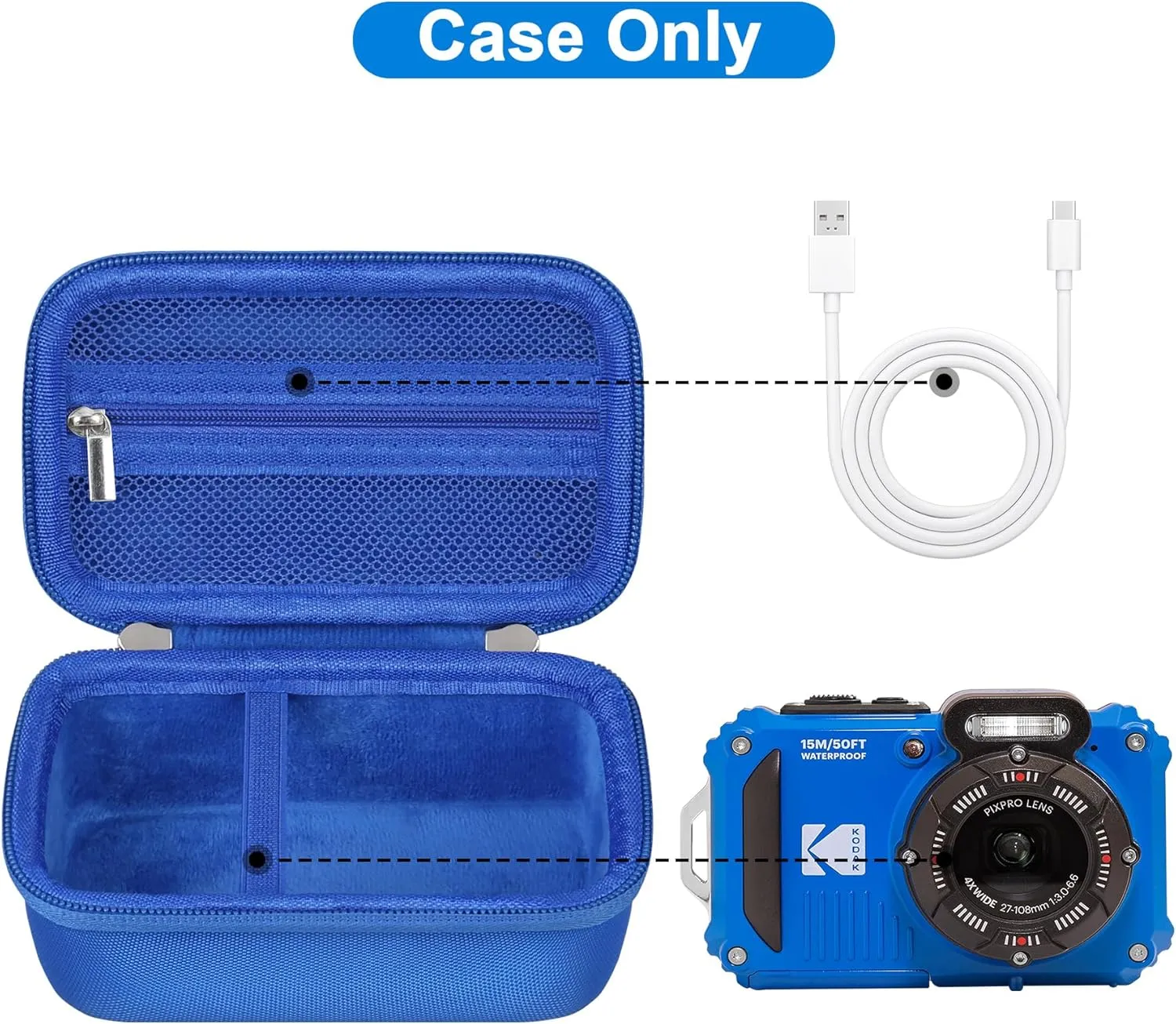 Canboc Carrying Case for KODAK PIXPRO WPZ2 Rugged Waterproof Digital Camera, Underwater Photography Camera Bag, Mesh Pocket fits USB Cable, Battery, Adapter, Blue (Case Only)