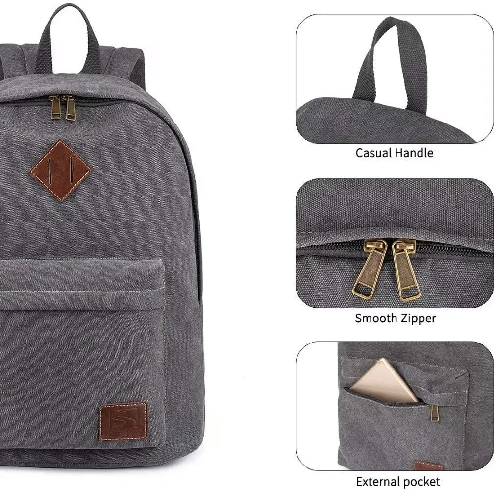 Canvas Laptop Backpack, Durable Rucksack, Travel Bag Fits 15.6 Inch Notebook for Men Women Factory Directly（Gray）