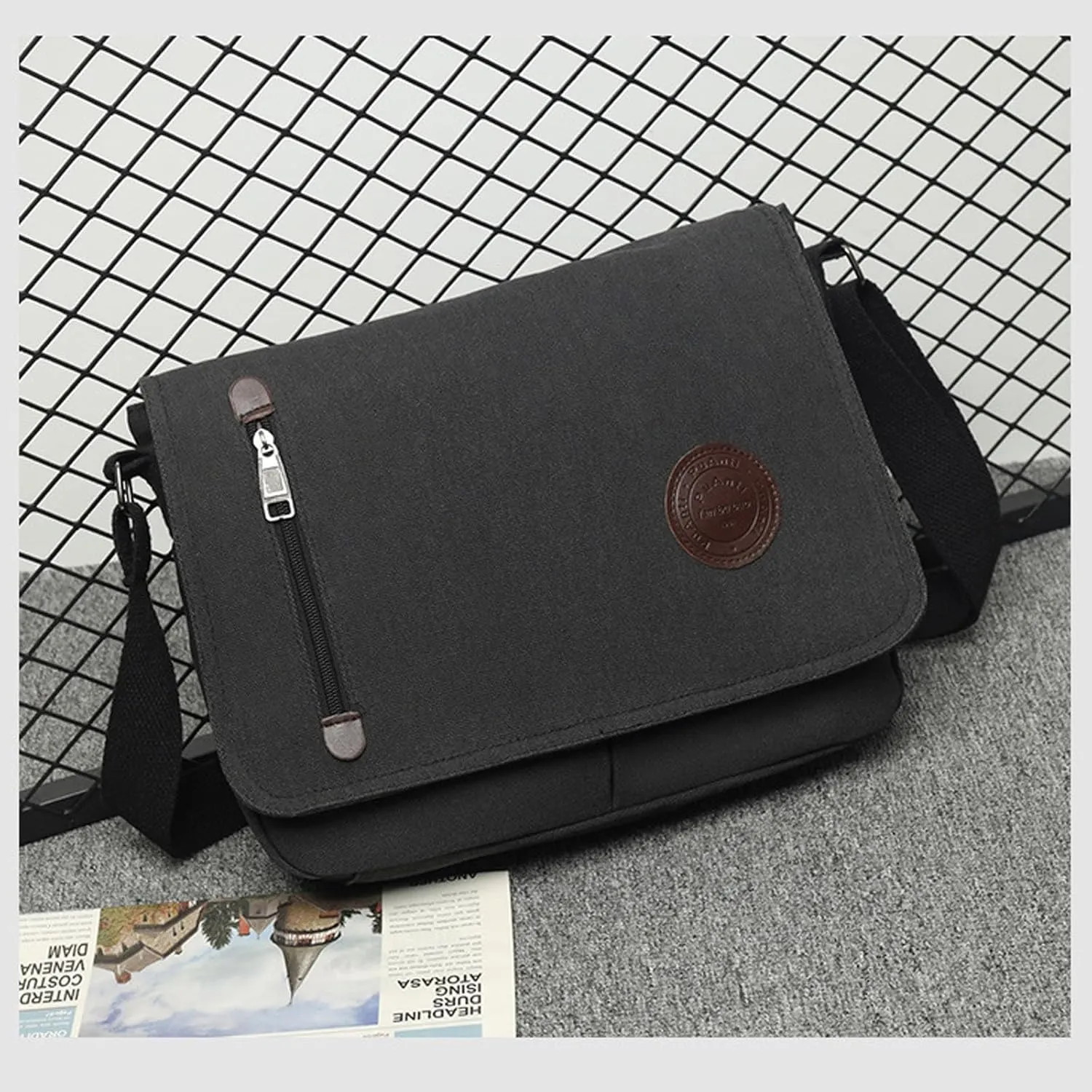 Canvas Messenger Bag Laptop Bag For Men Women For School Work Travel Wedding Bag (Black, One Size)