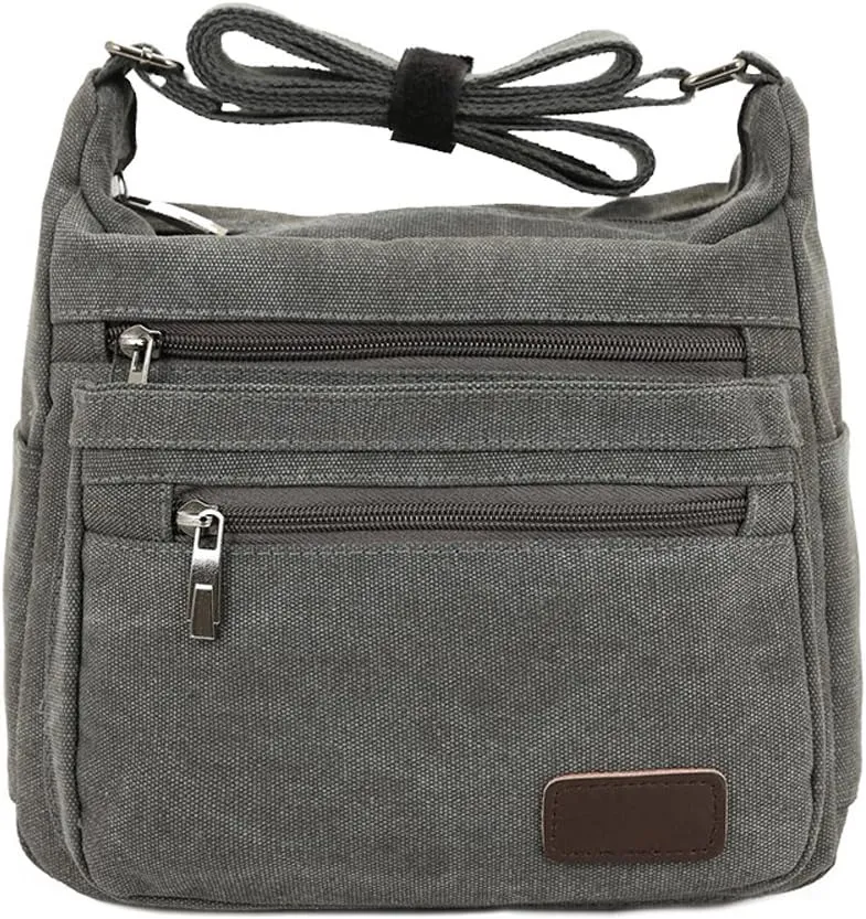 Canvas Shoulder Bag for Women and Men Messenger Handbags Cross Body Multi Zipper Pockets Bag