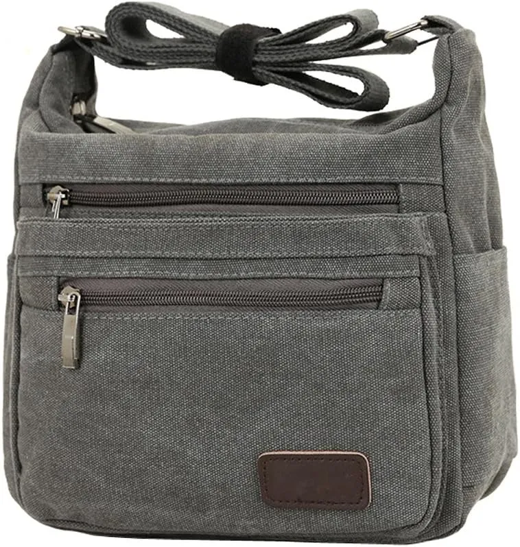 Canvas Shoulder Bag for Women and Men Messenger Handbags Cross Body Multi Zipper Pockets Bag