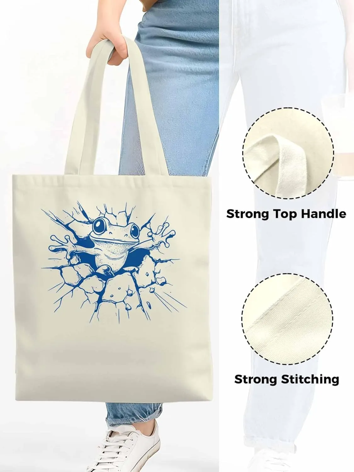 Canvas Tote Bag, Abstract Blue Frog Aesthetic Canvas Tote Handbags for Women Shoulder Bag