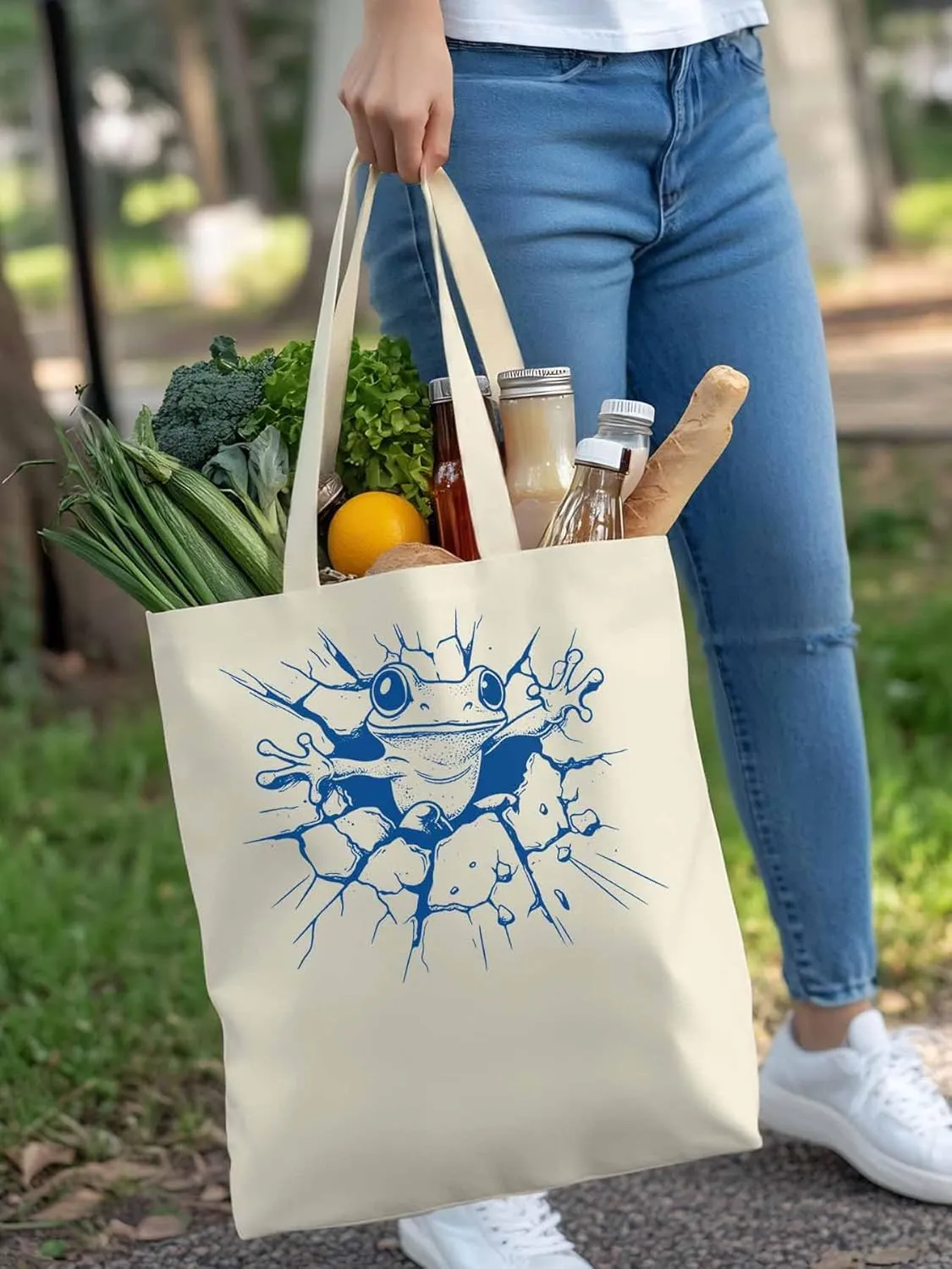 Canvas Tote Bag, Abstract Blue Frog Aesthetic Canvas Tote Handbags for Women Shoulder Bag