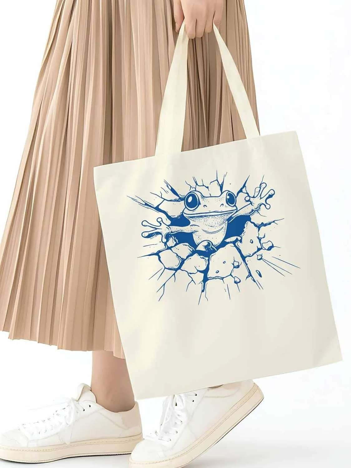 Canvas Tote Bag, Abstract Blue Frog Aesthetic Canvas Tote Handbags for Women Shoulder Bag