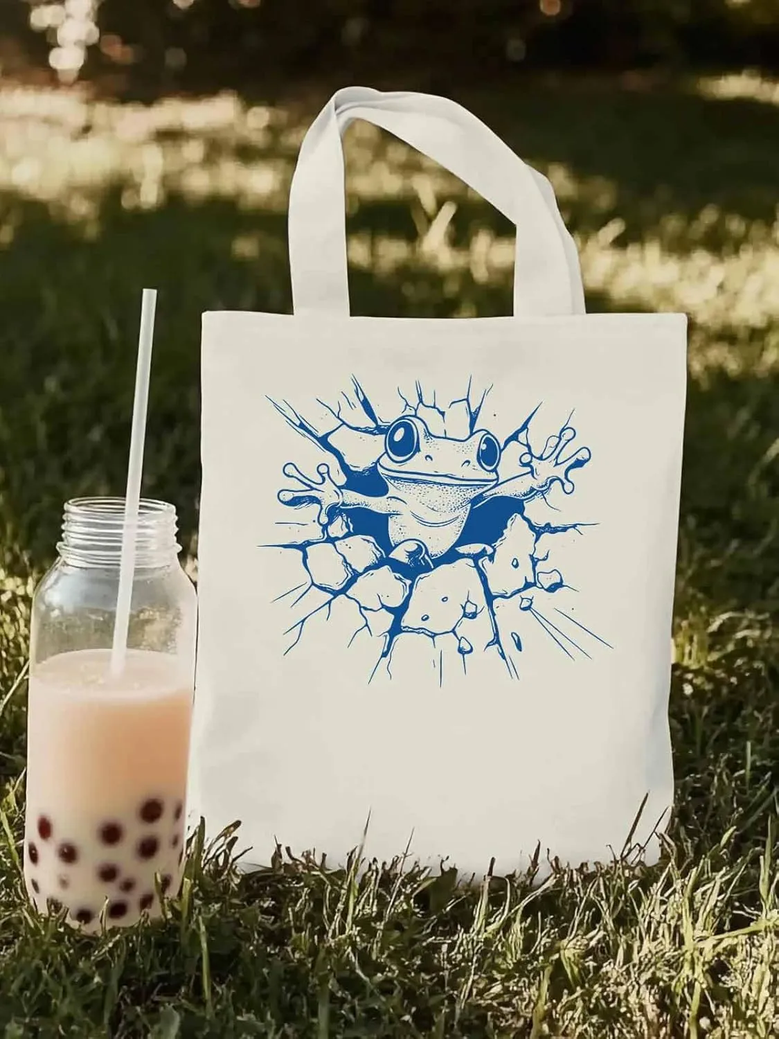 Canvas Tote Bag, Abstract Blue Frog Aesthetic Canvas Tote Handbags for Women Shoulder Bag