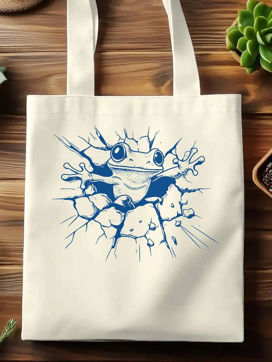 Canvas Tote Bag, Abstract Blue Frog Aesthetic Canvas Tote Handbags for Women Shoulder Bag