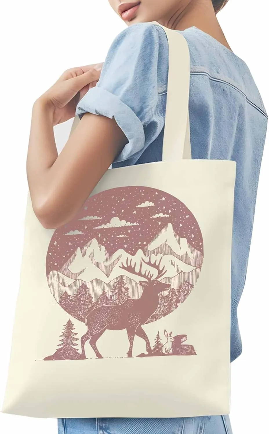 Canvas Tote Bag, Abstract Elk Forests Silhouettes patterned Canvas Tote Handbags for Women Shoulder Bag,