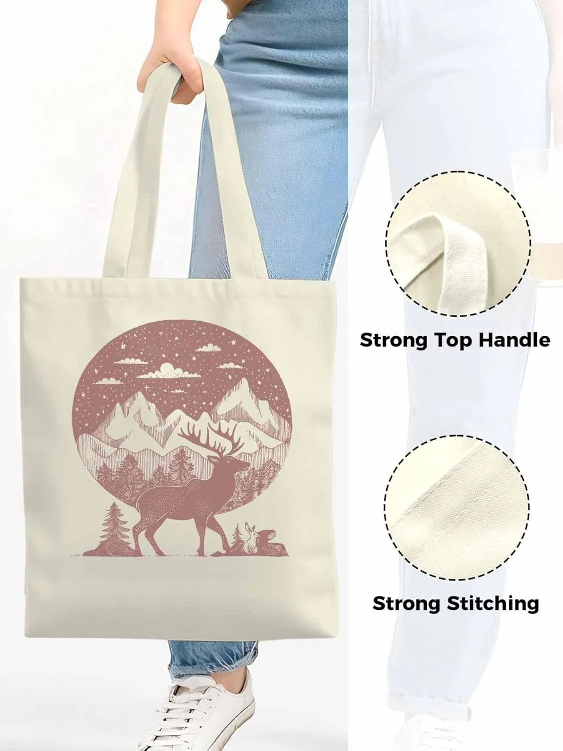 Canvas Tote Bag, Abstract Elk Forests Silhouettes patterned Canvas Tote Handbags for Women Shoulder Bag,