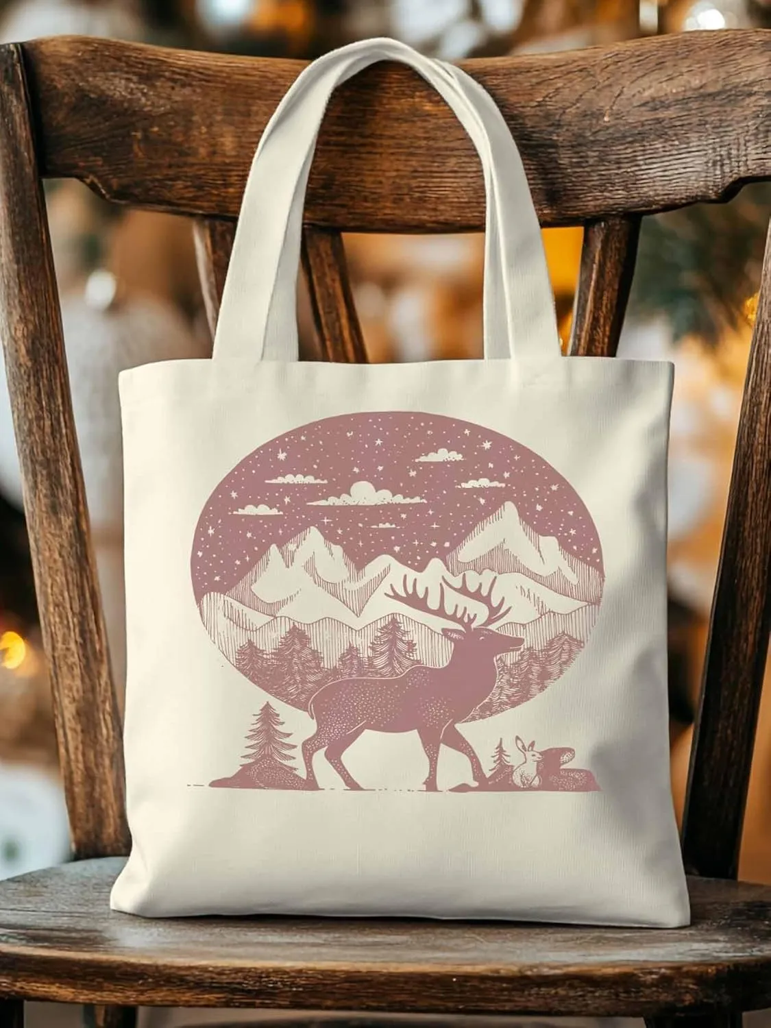 Canvas Tote Bag, Abstract Elk Forests Silhouettes patterned Canvas Tote Handbags for Women Shoulder Bag,
