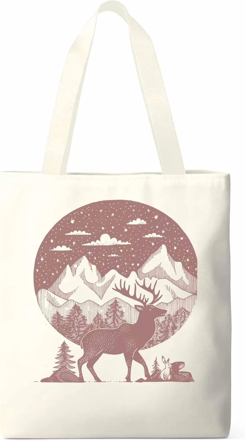 Canvas Tote Bag, Abstract Elk Forests Silhouettes patterned Canvas Tote Handbags for Women Shoulder Bag,