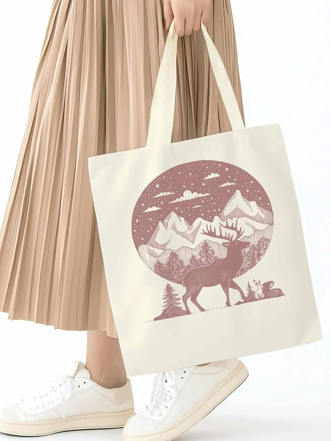 Canvas Tote Bag, Abstract Elk Forests Silhouettes patterned Canvas Tote Handbags for Women Shoulder Bag,