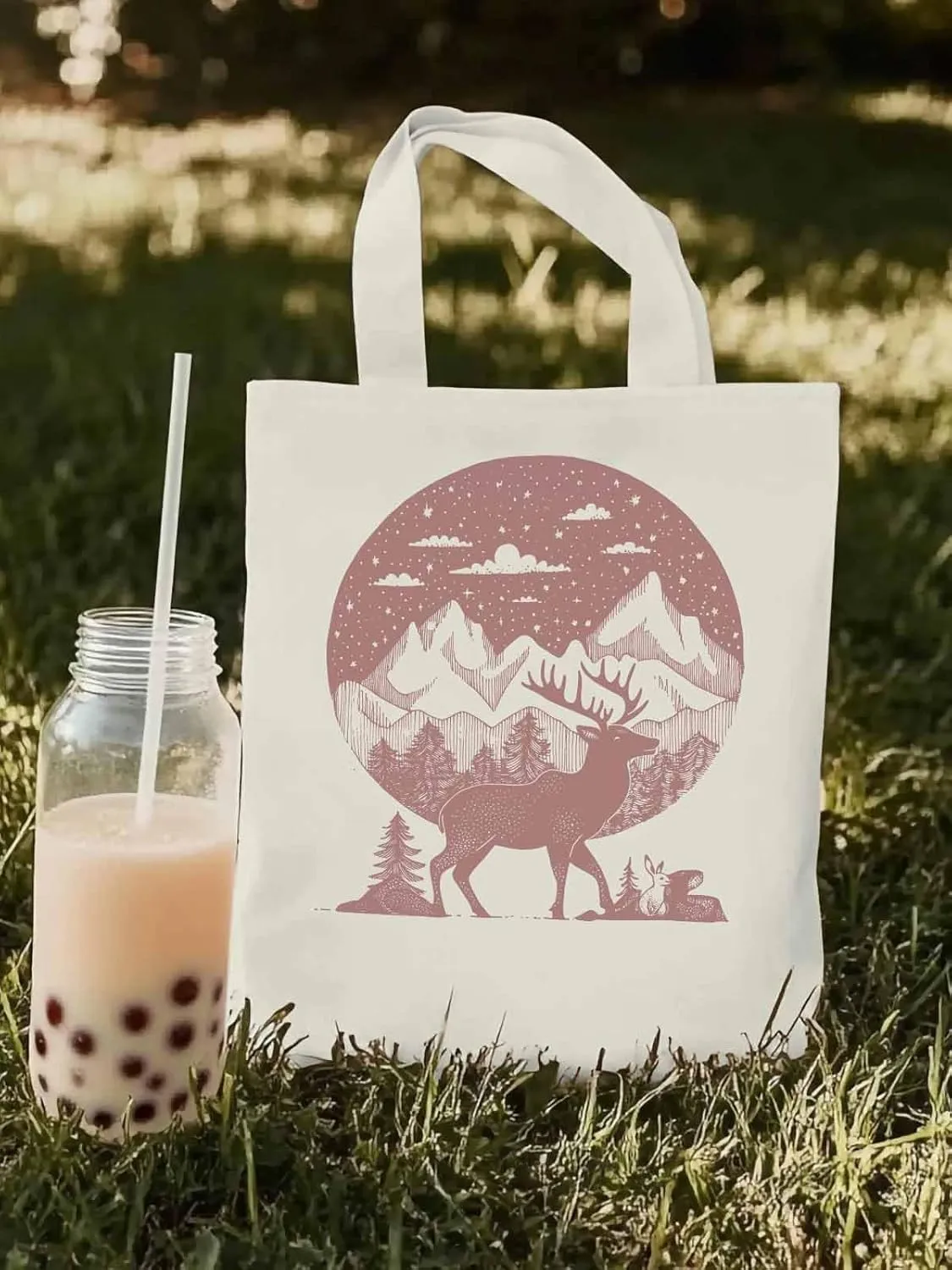 Canvas Tote Bag, Abstract Elk Forests Silhouettes patterned Canvas Tote Handbags for Women Shoulder Bag,