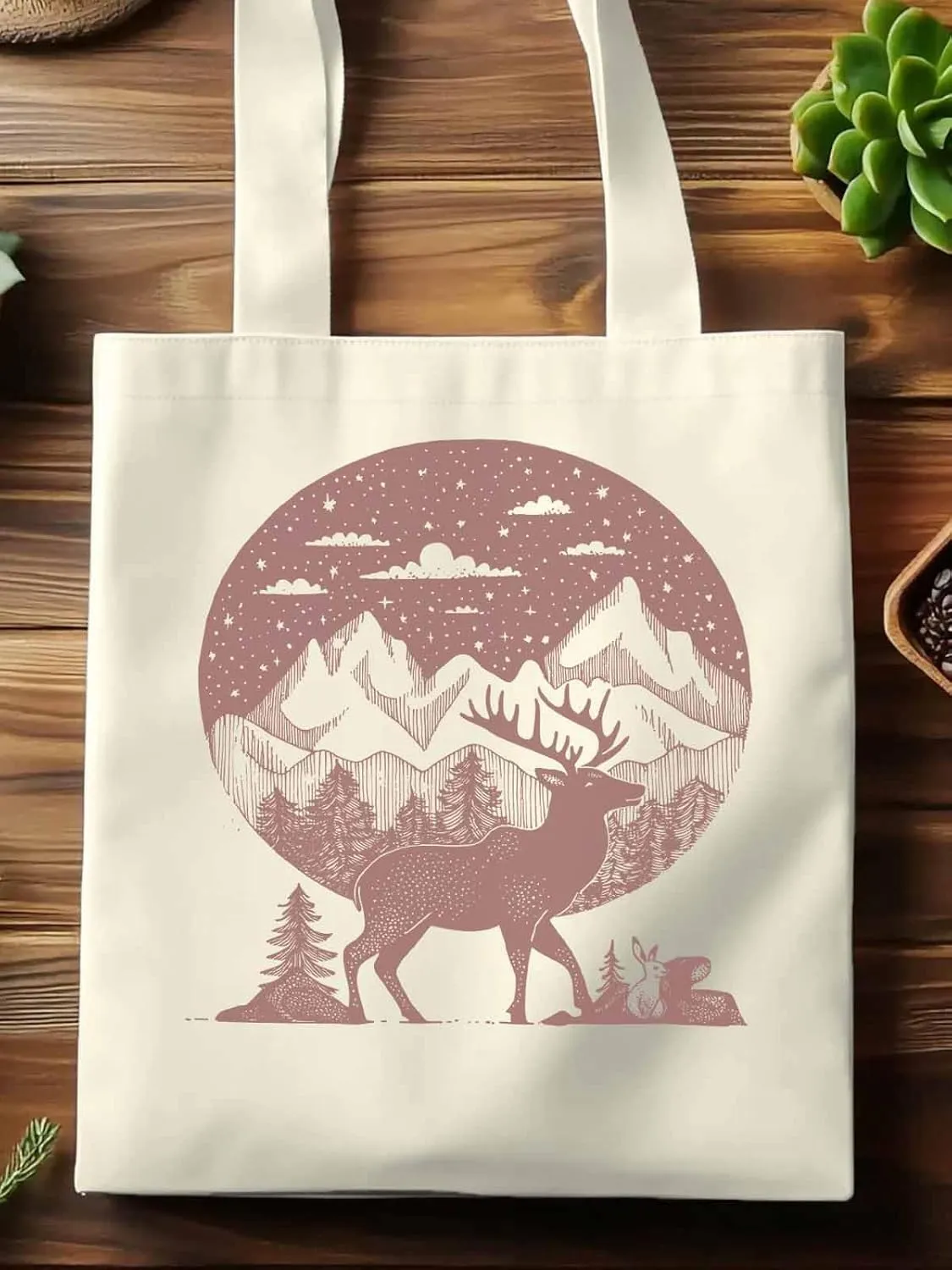 Canvas Tote Bag, Abstract Elk Forests Silhouettes patterned Canvas Tote Handbags for Women Shoulder Bag,