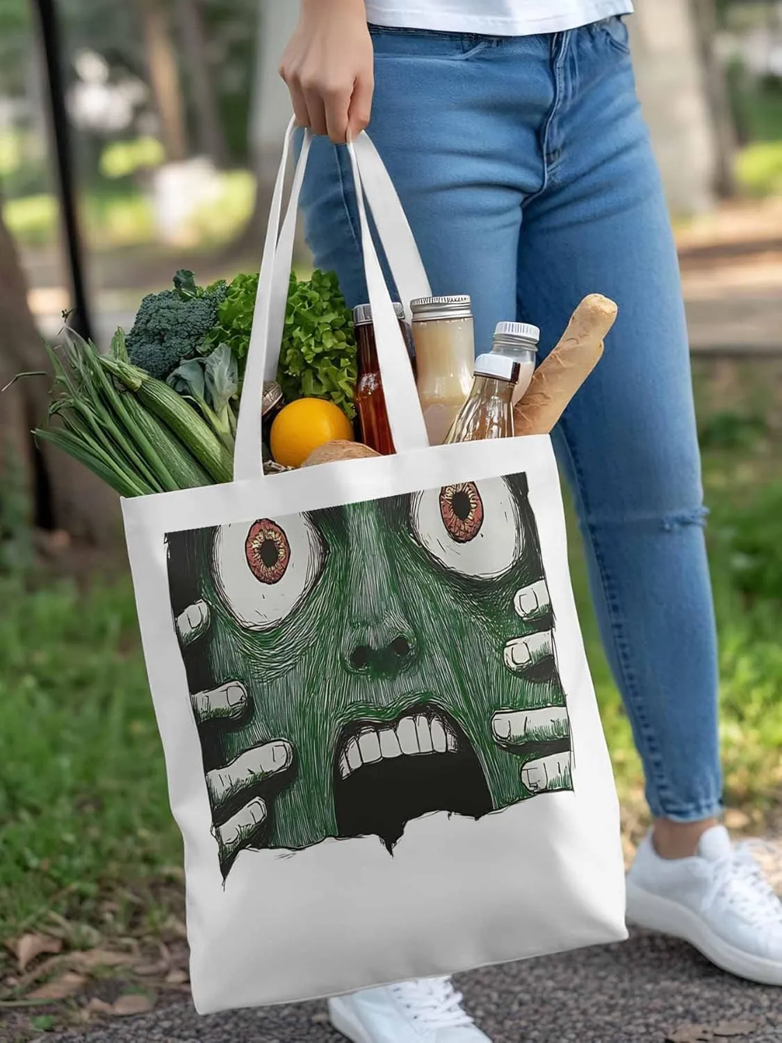 Canvas Tote Bag, Abstract Feats Face Eyes patterned Canvas Tote Handbags for Women Shoulder Bag,