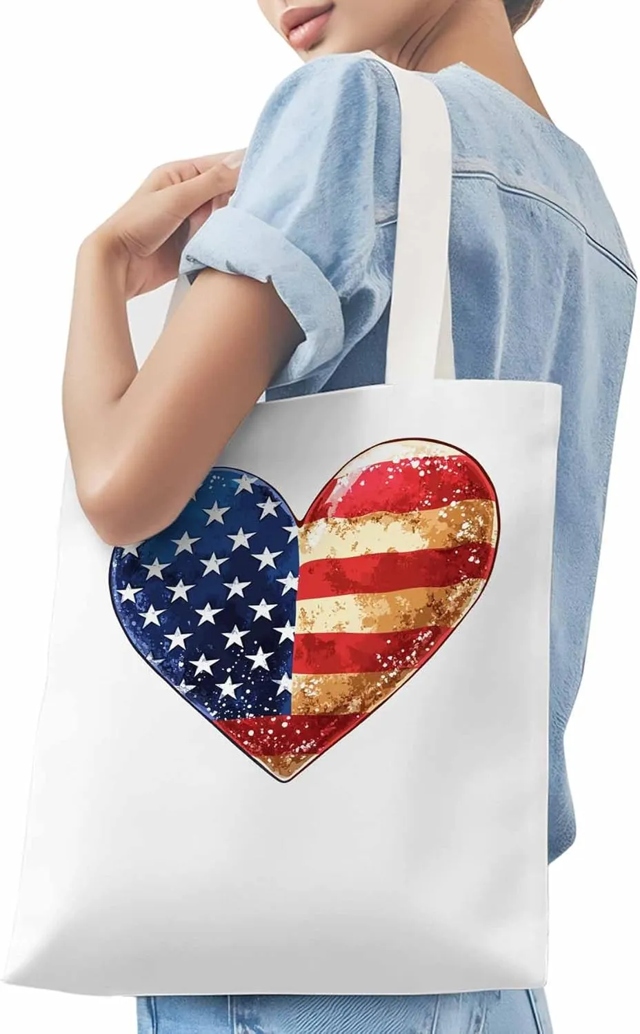 Canvas Tote Bag, American Flag Love Heart patterned Canvas Tote Handbags for Women Shoulder Bag,