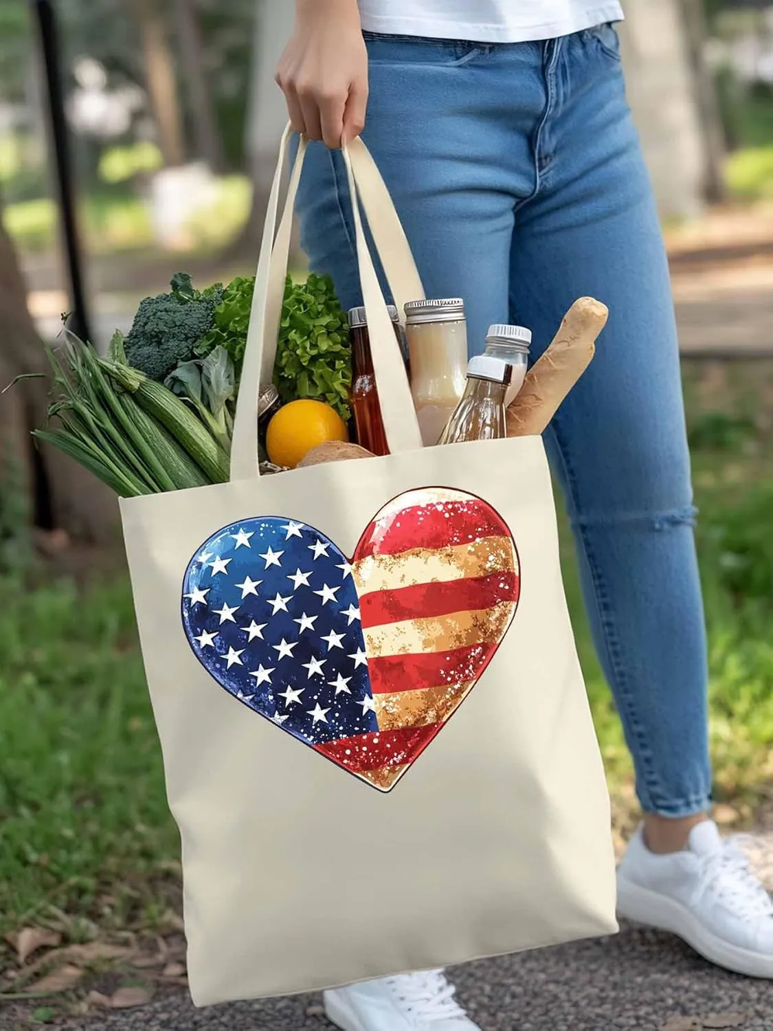 Canvas Tote Bag, American Flag Love Heart patterned Canvas Tote Handbags for Women Shoulder Bag,