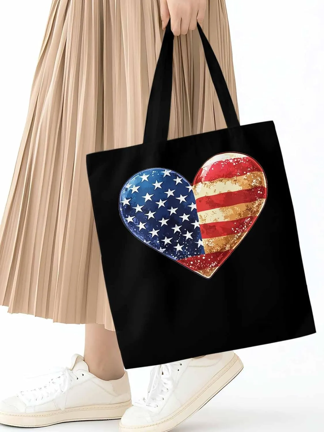 Canvas Tote Bag, American Flag Love Heart patterned Canvas Tote Handbags for Women Shoulder Bag,