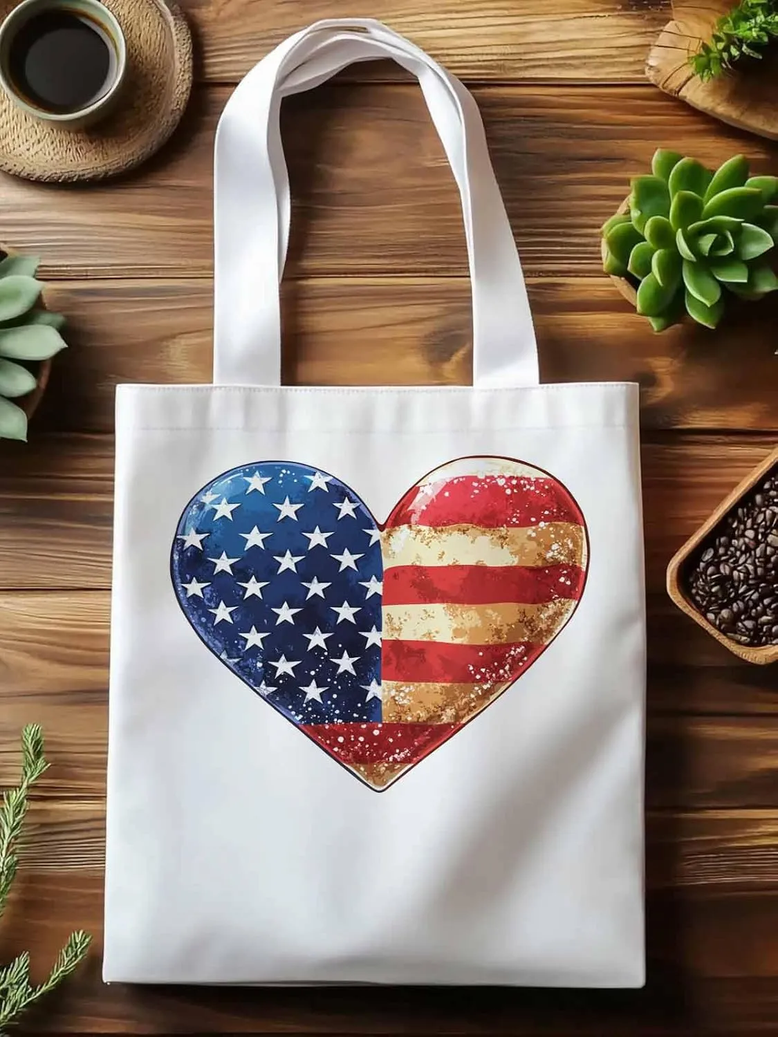 Canvas Tote Bag, American Flag Love Heart patterned Canvas Tote Handbags for Women Shoulder Bag,