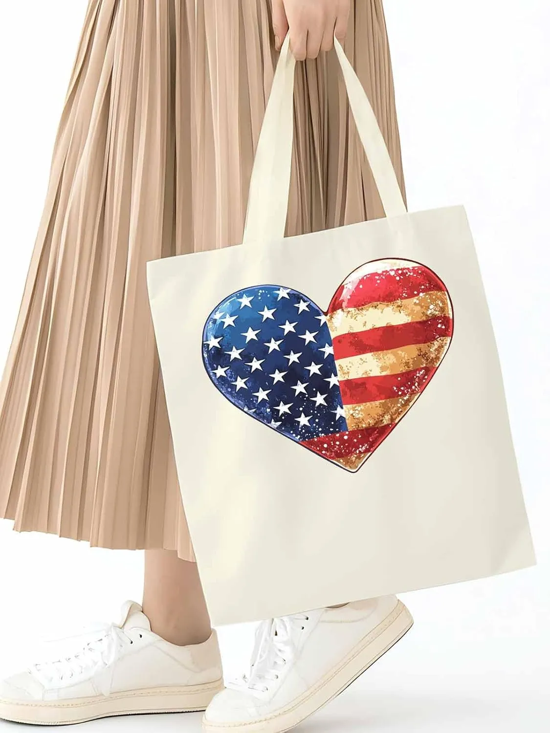 Canvas Tote Bag, American Flag Love Heart patterned Canvas Tote Handbags for Women Shoulder Bag,