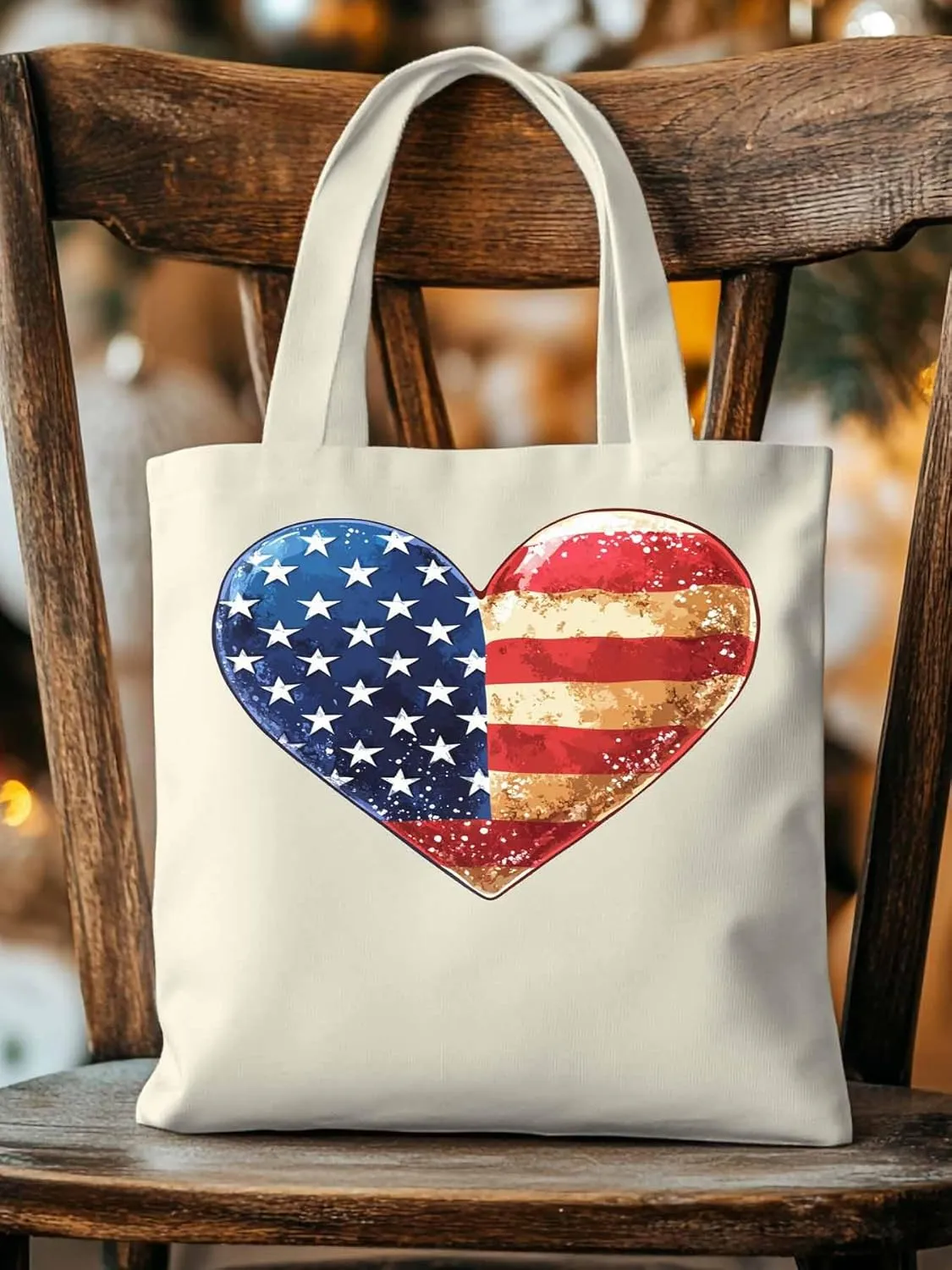Canvas Tote Bag, American Flag Love Heart patterned Canvas Tote Handbags for Women Shoulder Bag,