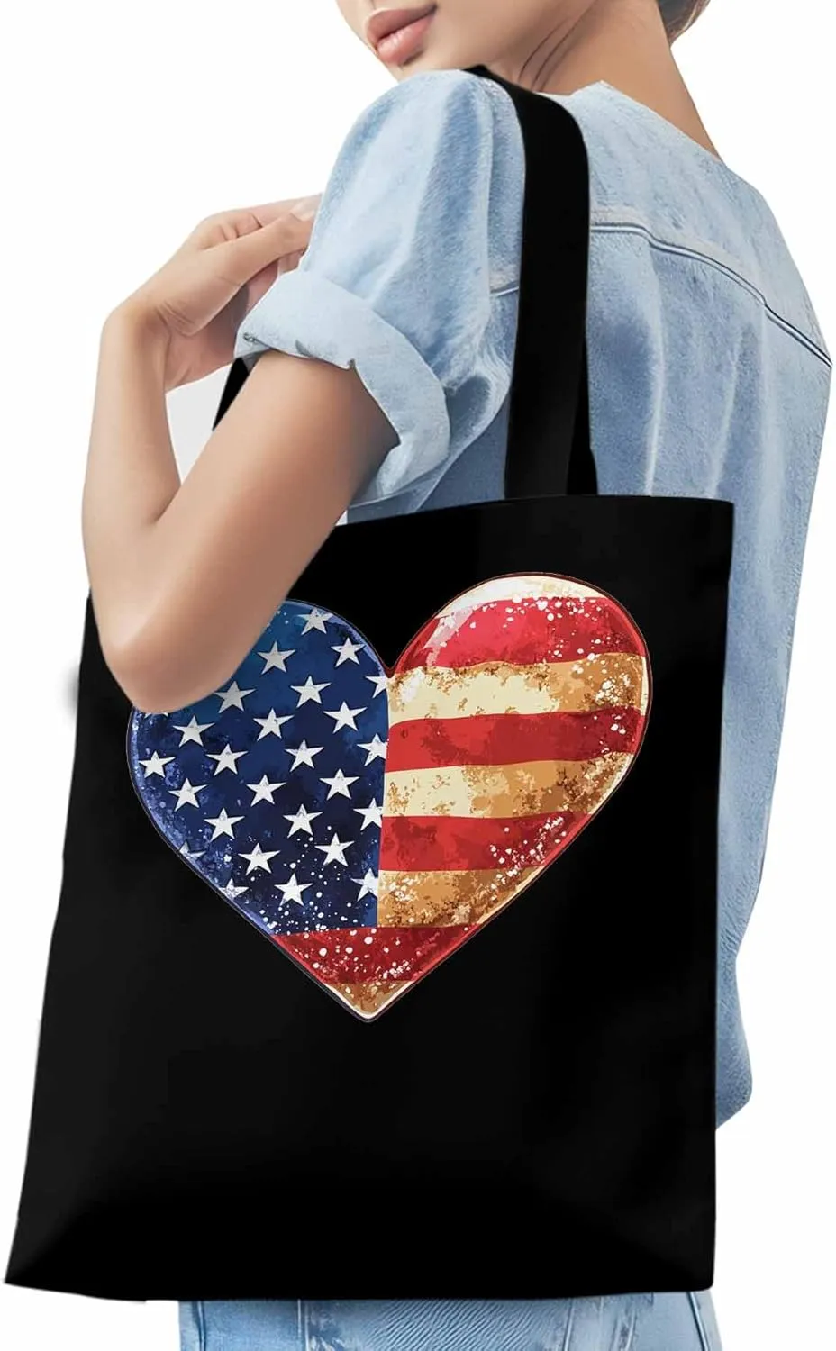 Canvas Tote Bag, American Flag Love Heart patterned Canvas Tote Handbags for Women Shoulder Bag,