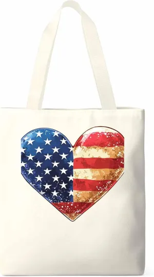 Canvas Tote Bag, American Flag Love Heart patterned Canvas Tote Handbags for Women Shoulder Bag,