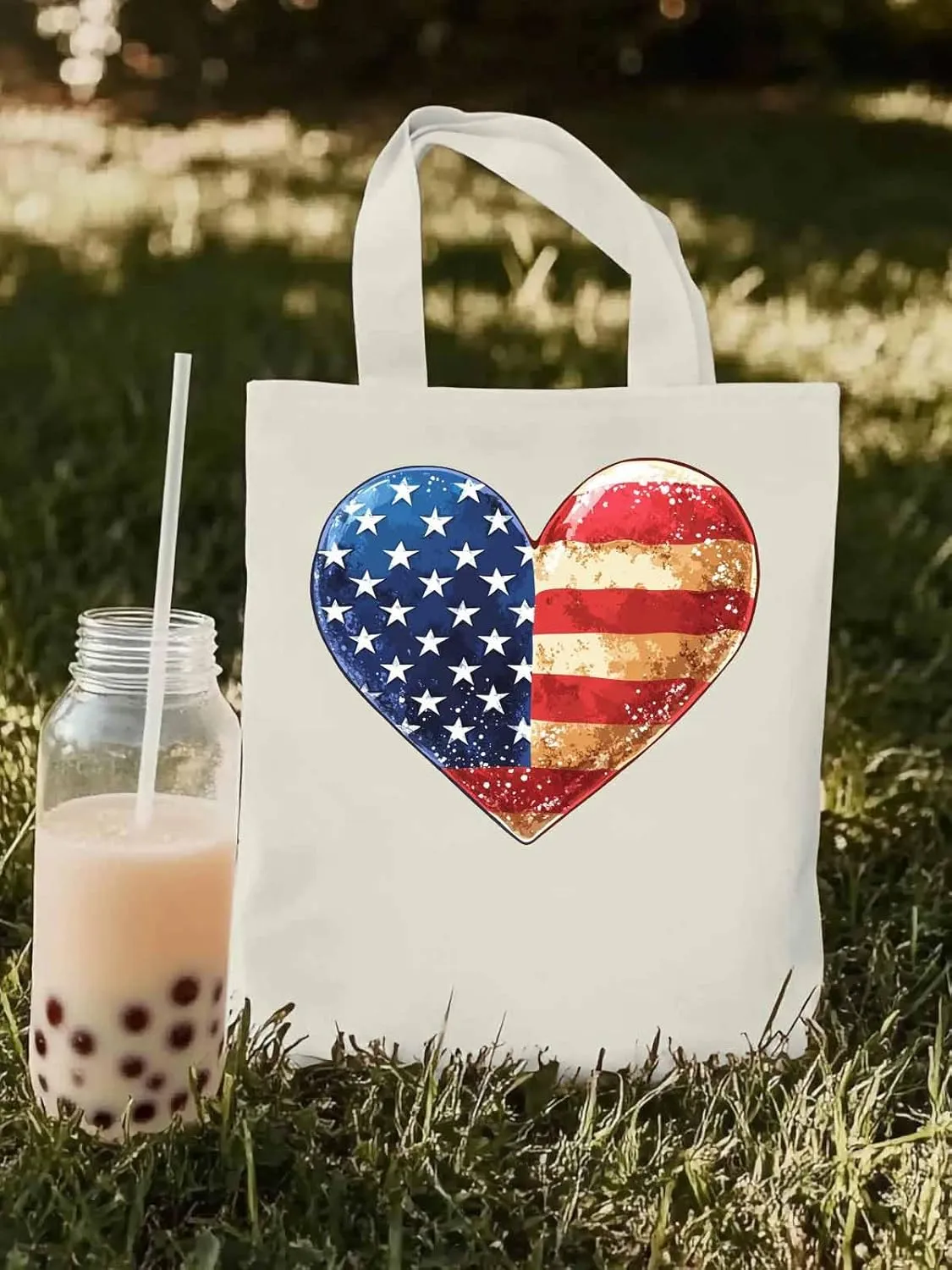 Canvas Tote Bag, American Flag Love Heart patterned Canvas Tote Handbags for Women Shoulder Bag,