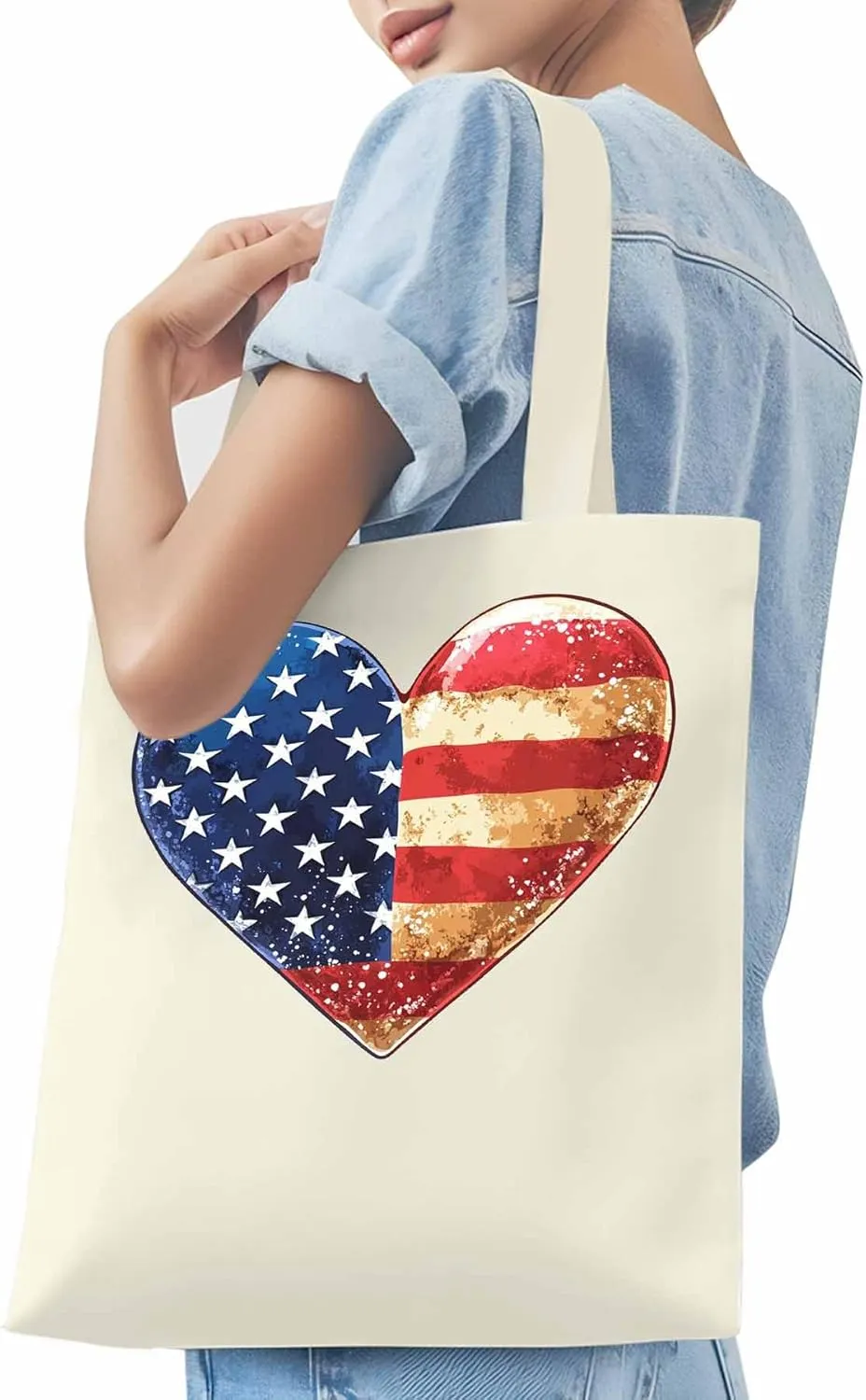 Canvas Tote Bag, American Flag Love Heart patterned Canvas Tote Handbags for Women Shoulder Bag,