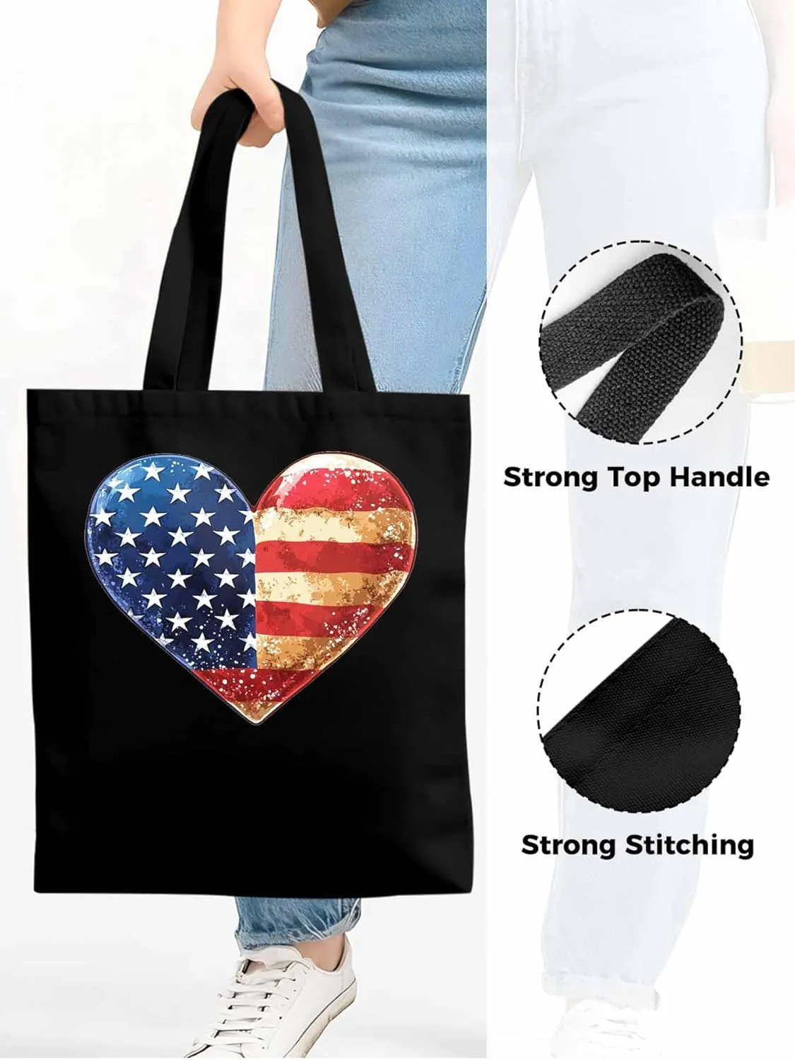 Canvas Tote Bag, American Flag Love Heart patterned Canvas Tote Handbags for Women Shoulder Bag,